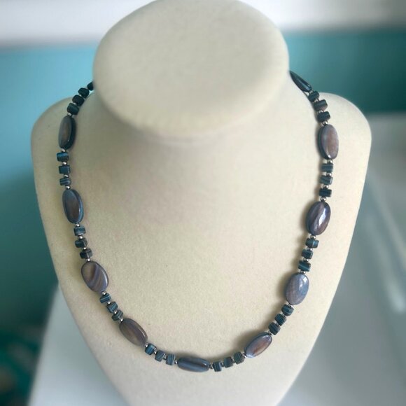 CHAPS necklace with blue/gray oval & square beads for women - Picture 1 of 5